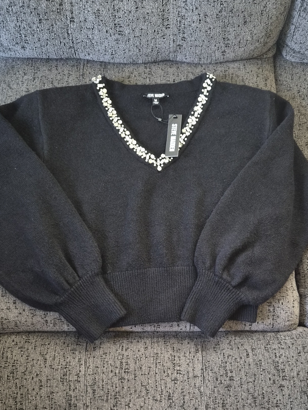 Steve Madden Black V-Neck Sweater with Pearl Embellishment